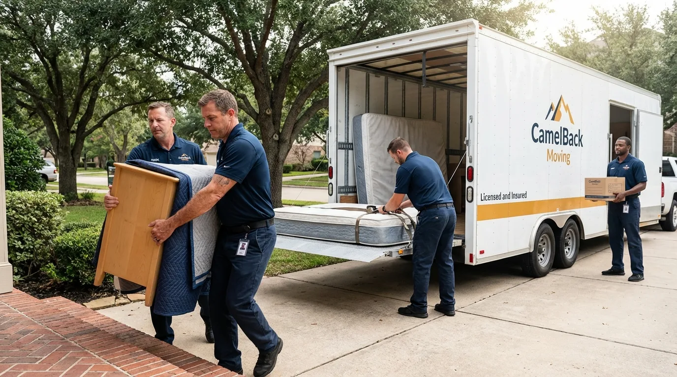 Crew loading residential truck for cross-state move from Lynwood, CA