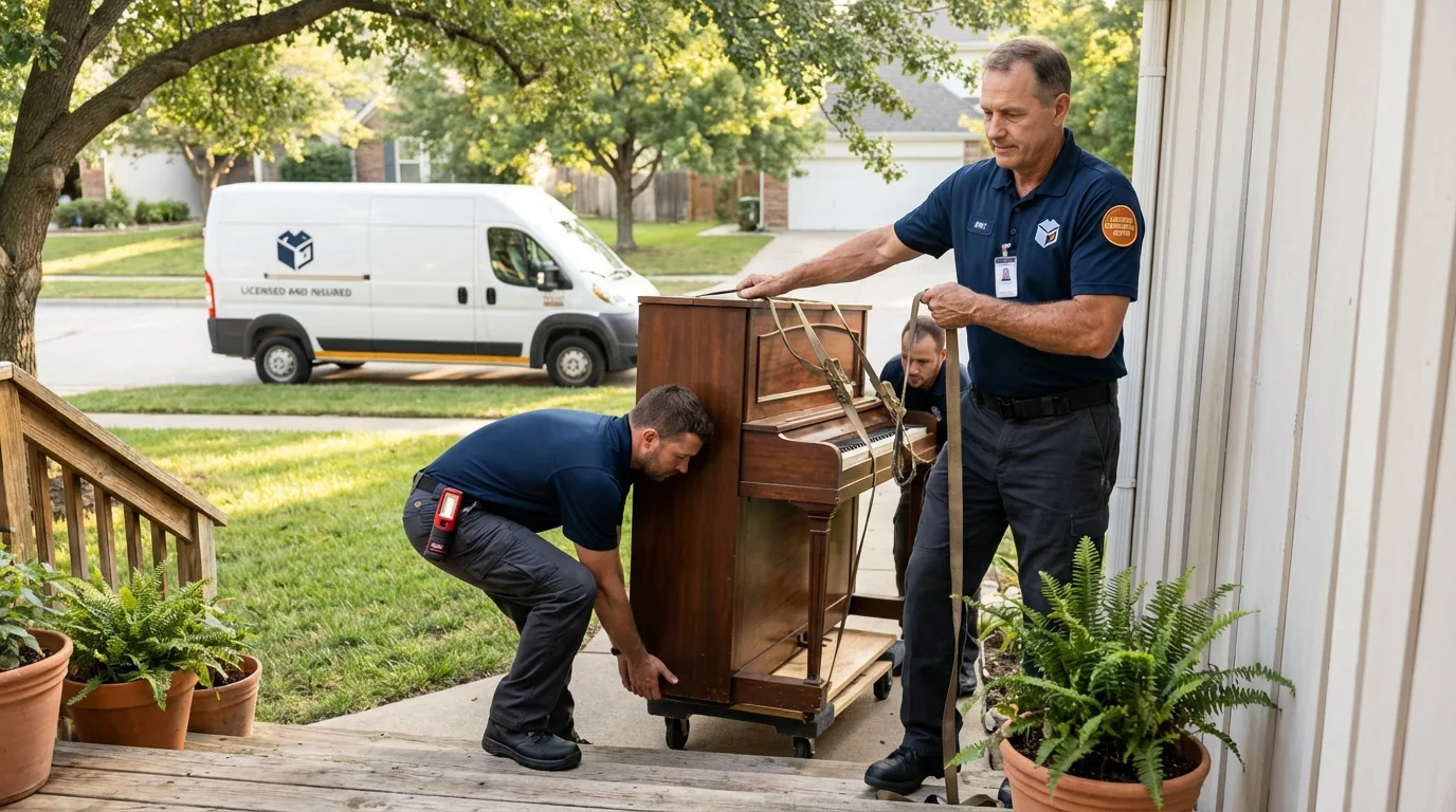 Licensed piano movers securing grand piano in Lynwood, CA