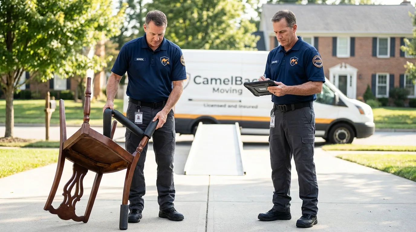 Movers inspecting furniture for damage prevention before loading in Lynwood, CA